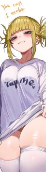 1girl :3 blonde_hair blush boku_no_hero_academia breasts brown_eyes closed_mouth clothes_lift come_hither commentary cowboy_shot double_bun english_commentary fangs hair_bun half-closed_eyes lifting_own_clothes long_sleeves looking_at_viewer no_pants print_sweater purple_sweater sidelocks simple_background solo sweater sweater_lift thighs toga_himiko white_background zd_(pixiv6210083)