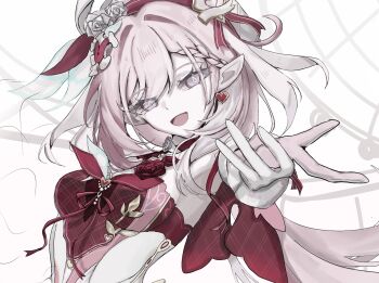 1girl beret breasts commentary_request diamond-shaped_pupils diamond_(shape) dress earrings elf elysia_(hi_love_elf)_(honkai_impact) elysia_(honkai_impact) gloves hat heart heart_earrings highres honkai_(series) honkai_impact_3rd jewelry large_breasts long_hair looking_at_viewer m40luu open_mouth pink_hair pointy_ears reaching reaching_towards_viewer red_dress solo symbol-shaped_pupils two-tone_dress upper_body very_long_hair white_dress white_gloves