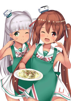 2girls absurdres apron blunt_bangs brown_eyes brown_hair clothes_writing cowboy_shot dark-skinned_female dark_skin dress food green_apron green_eyes grey_hair hat highres himura_moritaka kantai_collection libeccio_(kancolle) long_hair maestrale_(kancolle) mini_hat multiple_girls neckerchief one_eye_closed one_side_up pasta sailor_collar sailor_dress simple_background striped_neckerchief tilted_headwear twintails white_background white_sailor_collar