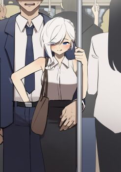 1boy 1girl :q ^^^ absurdres arm_around_waist bag bare_arms bare_shoulders belt black_belt black_skirt blue_eyes blue_jacket blue_necktie blue_pants blush braid breasts chijo chikan commentary crowd crown_braid english_commentary eyes_visible_through_hair female_pervert hand_in_another&#039;s_pants head_out_of_frame highres jacket large_breasts licking_lips lily_(tostantan) molestation necktie original pants pencil_skirt pervert shirt shoulder_bag skirt sleeveless sleeveless_shirt smile surprised swept_bangs tongue tongue_out tostantan train_interior white_hair wing_collar