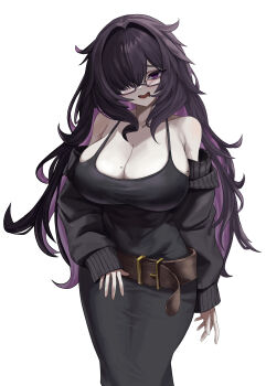 1girl absurdres bags_under_eyes black-framed_eyewear black_dress black_hair breasts colored_inner_hair draw_hyun dress drooling glasses goddess_of_victory:_nikke highres label_(nikke) large_breasts long_hair long_sleeves mole mole_on_breast mouth_drool multicolored_hair multiple_moles nervous_smile purple_hair simple_background smile solo taut_clothes taut_dress white_background