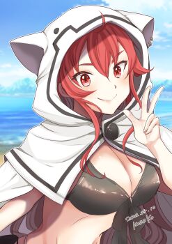 1girl absurdres adapted_costume ahoge animal_ear_hood beach bikini black_bikini breasts cape cleavage closed_mouth commentary_request dated day eris_greyrat fake_animal_ears hair_between_eyes hand_up highres hood hooded_cape horizon kasakasako large_breasts long_hair looking_at_viewer mushoku_tensei ocean outdoors red_eyes red_hair signature sky solo swimsuit v water white_cape