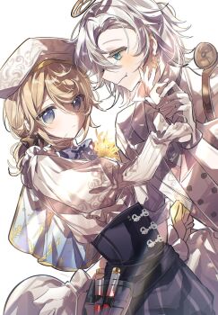 2boys androgynous aqua_eyes aqua_necktie beret black_corset black_shorts blonde_hair blue_bow blue_bowtie blue_eyes bow bowtie brown_bow coat corset couple drill_hair drill_ponytail edgar_valden edgar_valden_(golden_ratio) fang frilled_sleeves frills gloves gold_trim hair_bow hair_intakes half_capelet hat highres holding_hands identity_v light_blush looking_ahead looking_at_another luca_balsa luca_balsa_(paranormal_detective) male_focus multiple_boys necktie pale_skin puffy_shorts puffy_sleeves shirt_tucked_in shorts striped_clothes striped_shorts trap upper_body vertical-striped_clothes vertical-striped_shorts vest white_coat white_gloves white_hair white_hat white_vest yaoi yyou