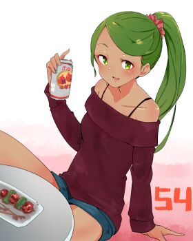 1girl alternate_costume alternate_hairstyle bare_shoulders bra_strap brochette can collarbone dark-skinned_female dark_skin green_eyes green_hair haban_berry high_ponytail holding holding_can mallow_(pokemon) ninchan nintendo off-shoulder_sweater off_shoulder pokemon pokemon_(anime) pokemon_the_series:_sun_&amp;_moon ponytail shorts sitting sweater table
