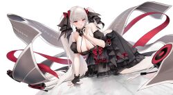 Rule 34 | 1girl, :o, azur lane, bare shoulders, black bow, black bowtie, black dress, black footwear, black gloves, bow, bowtie, breasts, character name, cleavage, copyright name, copyright notice, dress, formidable (azur lane), formidable (muse) (azur lane), frilled dress, frills, full body, gloves, grey hair, hair bow, high heels, kincora, large breasts, layered dress, long hair, pantyhose, reaching, reaching towards viewer, red bow, red eyes, royal navy emblem (azur lane), see-through, see-through dress, single glove, solo, speaker, stage, stage lights, twintails, very long hair, white pantyhose
