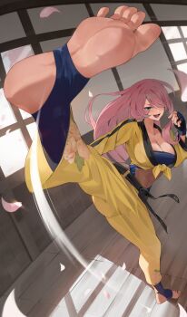 1girl absurdres belt black_belt blue_eyes breasts cleavage commentary crop_top dougi english_commentary falling_petals feet fingerless_gloves foreshortening front-tie_top gloves hair_over_one_eye highres incoming_kick indoors karate karate_gi kicking kopam large_breasts martial_arts open_mouth original petals pink_hair solo stirrup_legwear swept_bangs toeless_legwear toes toned toned_female window wooden_floor