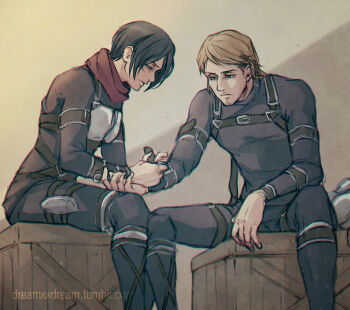 1boy 1girl affair artist_name bad_tag betrayal black_hair box brown_hair cheating_(relationship) closed_mouth commentary disgrace disgust dreamxxdream english_commentary facial_hair goatee_stubble jean_kirstein long_sleeves mikasa_ackerman netorare official_alternate_costume on_box out_of_character red_scarf scarf shingeki_no_kyojin short_hair sitting sitting_on_box stubble tumblr_username unfaithful uniform watermark web_address