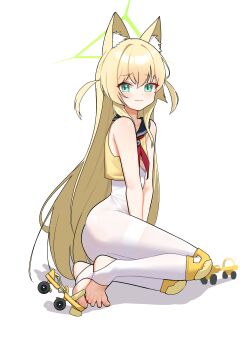 1girl absurdres alternate_costume animal_ear_fluff animal_ears black_sailor_collar blonde_hair blue_archive blush chinese_commentary closed_mouth commentary_request feet fox_ears fox_girl full_body furrowed_brow green_eyes green_halo hair_between_eyes halo highres knee_pads kurumi_(blue_archive) legs long_hair looking_at_viewer marshal_(artist) neckerchief pantyhose red_neckerchief roller_skates sailor_collar sidelocks simple_background sitting skates smile solo straight_hair thighband_pantyhose thighs toeless_legwear toes triangle_halo two_side_up v_arms very_long_hair white_background white_pantyhose yokozuwari