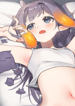 1girl absurdres armpits blue_eyes chocosong commentary_request crop_top fang flat_chest gradient_hair hand_in_own_hair highres hololive hololive_english long_hair looking_up lying multicolored_hair navel ninomae_ina'nis on_bed open_mouth orange_hair pointy_ears purple_hair shirt single_tear sleeveless sleeveless_shirt solo_focus stomach takodachi_(ninomae_ina'nis) tentacle_hair virtual_youtuber white_shirt