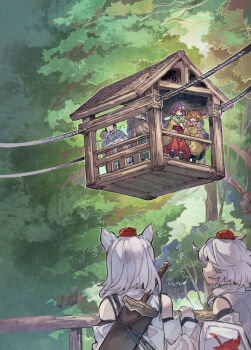 Rule 34 | 4girls, aerial tram, animal ears, apron, checkered clothes, checkered kimono, detached sleeves, green kimono, hat, hieda no akyuu, highres, inubashiri momiji, japanese clothes, kimono, motoori kosuzu, multiple girls, orange hair, outdoors, people, purple hair, shirt, shishui guima, tokin hat, touhou, white shirt