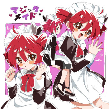 1girl akiramaru alternate_costume apron black_dress black_shoes bow bowtie closed_mouth commentary dress drill_hair enmaided hands_up highres kasane_teto long_sleeves looking_at_viewer maid maid_apron maid_headdress multiple_views nail_polish open_mouth own_hands_together parted_lips red_bow red_bowtie red_hair red_nails shoes short_dress smile twin_drills utau white_apron
