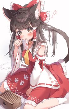 Rule 34 | 1girl, absurdres, animal ear fluff, animal ears, ascot, bare shoulders, bell, blunt bangs, bow, brown eyes, brown hair, cat ears, cat tail, commentary request, detached sleeves, frilled bow, frilled hair tubes, frilled shirt collar, frilled skirt, frills, hair bow, hair tubes, hakurei reimu, highres, kemonomimi mode, kneeling, long hair, long sidelocks, mouth hold, neck bell, nontraditional miko, red bow, red shirt, red skirt, shirt, sidelocks, skirt, skirt set, socks, solo, tail, touhou, wheat retzel, white background, white sleeves, white socks, yellow ascot