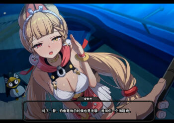 1boy 1girl alice_thymefield alice_thymefield_(sea_of_thyme) animal_ears bangboo_(zenless_zone_zero) blonde_hair bracelet breasts fishing_rod heterochromia highres jewelry lao_meng large_breasts long_hair looking_at_viewer open_mouth rabbit_ears rabbit_girl rabbit_tail red_eyes skirt swimsuit tail thigh_strap twintails white_skirt wise_(soaring_crane)_(zenless_zone_zero) wise_(zenless_zone_zero) yellow_eyes zenless_zone_zero