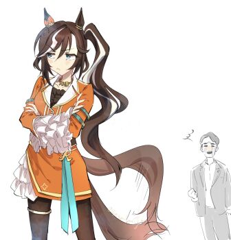 1boy 1girl animal_ears black_pantyhose blue_eyes brown_hair closed_eyes closed_mouth collarbone crossed_arms crying frown highres horse_ears horse_girl horse_tail jacket long_hair long_sleeves multicolored_hair open_mouth orange_jacket orange_skirt pants pantyhose ponytail pout royal_hope_(the_royal_family) shirt short_hair side_ponytail skirt sonabaija streaming_tears tail tail_wagging tbs tears the_royal_family umamusume white_hair