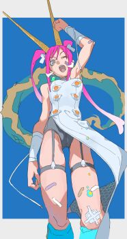 Rule 34 | absurdres, bandaid, bandaid on leg, clenched hand, commentary, dragon girl, dragon horns, dragon tail, from below, gradient hair, hand up, highres, himuro yukichiko, horns, long hair, multicolored hair, open mouth, original, tail