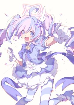 1girl :d absurdres ahoge blue_archive bow bowtie clenched_hand dress gloves hair_ornament halo highres incoming_attack incoming_punch long_hair looking_at_viewer magical_girl multicolored_hair official_alternate_costume open_mouth pink_hair puffy_short_sleeves puffy_sleeves punching purple_bow purple_bowtie purple_dress purple_eyes purple_hair purple_shoes purple_thighhighs reisa_(blue_archive) reisa_(magical)_(blue_archive) shoes short_sleeves smile solo star_(symbol) star_hair_ornament streaked_hair striped_clothes striped_thighhighs thighhighs two-tone_hair two-tone_thighhighs very_long_hair white_background white_gloves white_halo white_thighhighs white_wrist_cuffs wing_hair_ornament wrist_cuffs youguo_naberu
