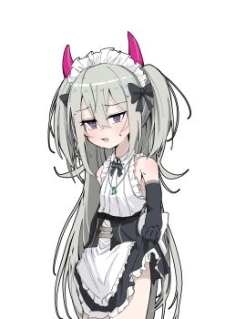 1girl absurdres apron artist_self-insert bad_source clothes_lift demon_tail dress elbow_gloves frilled_apron frilled_dress frills gloves grey_hair hair_between_eyes highres horns indie_virtual_youtuber jewelry layered_dress lifting_own_clothes looking_at_viewer maid_apron maid_headdress nagisa-chan_(nakatokung) nakatokung necklace nervous_sweating open_mouth purple_eyes skirt skirt_lift solo sweat tail thighs transparent_background twintails virtual_youtuber