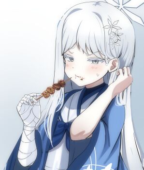 Rule 34 | 1girl, :i, absurdres, bandaged arm, bandaged hand, bandages, blue archive, blue bow, blue bowtie, blue haori, blush, bow, bowtie, colored eyelashes, commentary, eating, food, food on face, frown, grey eyes, hair behind ear, hair ornament, halo, hands up, haori, highres, holding, holding food, japanese clothes, long hair, looking at viewer, nagusa (blue archive), parted bangs, parted lips, saabyboi, sailor collar, school uniform, serafuku, shirt, simple background, snowflake hair ornament, snowflake halo, solo, straight hair, upper body, v-shaped eyebrows, very long hair, white background, white eyelashes, white hair, white halo, white sailor collar, white shirt, yakitori