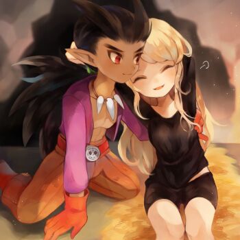 Rule 34 | 1boy, 1girl, arm up, belt, bike shorts, black shirt, blonde hair, blurry, blurry background, boots, breasts, brown hair, cave, closed eyes, collarbone, dark-skinned male, dark skin, dragon quest, dragon quest builders 2, female builder (dqb2), gloves, hair down, hair horns, hand on another's back, hay, hotaro (bread fusa), jewelry, kneeling, light smile, long hair, looking at another, looking to the side, low ponytail, muscular, muscular male, necklace, open clothes, open mouth, open shirt, orange pants, pants, pointy ears, ponytail, purple shirt, red belt, red boots, red eyes, red gloves, shirt, sidoh (dqb2), skull belt, small breasts, smile, spiked hair, stretching, tooth necklace, waking up