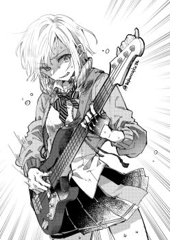 1girl bass_guitar black_skirt bow bowtie breasts collared_shirt commentary_request cowboy_shot fingerless_gloves gloves greyscale grin guitar_strap half_gloves hinomori_shiho holding holding_instrument instrument jacket long_sleeves looking_at_object monochrome music open_clothes open_jacket playing_bass_guitar playing_instrument pleated_skirt project_sekai shirt short_hair sidelocks single_glove skirt small_breasts smile solo standing striped_bow striped_bowtie striped_clothes sweat sweatdrop tadano_kagekichi twitter_username untucked_shirt white_shirt