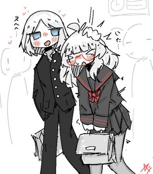 &gt;_&lt; 2girls ashenov glasses headpat multiple_girls original school_uniform sleeves_past_wrists yuri