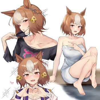 1girl absurdres barefoot belno_light_(umamusume) brown_eyes brown_hair collarbone commentary_request feet hair_ornament heart heart_hands highres knees_together_feet_apart knees_up legs letter_hair_ornament mask mask_pull mouth_mask multicolored_hair multiple_views naked_towel open_mouth simple_background sitting smile starting_future_(umamusume) streaked_hair toenails toes towel umamusume white_background white_hair yomesuket