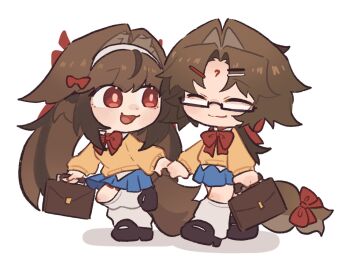 1boy 1girl :d ^_^ blue_skirt bow bowtie briefcase brother_and_sister brown_hair brown_shoes chibi chibi_only closed_eyes commentary crossdressing crossdressing_(mtf) english_commentary glasses hairband highres holding holding_briefcase leg_up long_hair looking_at_another loose_socks open_mouth orange_sweater red_bow red_bowtie red_eyes school_briefcase school_uniform semi-rimless_eyewear shoes siblings skirt smile socks sweater tail tofuisstilltofu walking white_hairband white_socks ye_shiyuan ye_shunguang zenless_zone_zero