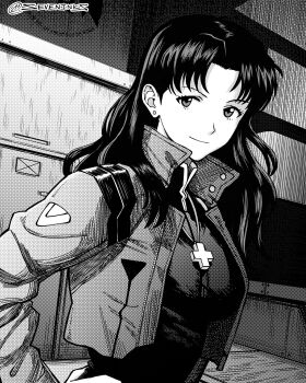 1girl breasts commentary cropped_jacket earrings greyscale hand_on_own_hip hatching_(texture) highres instagram_username jewelry katsuragi_misato medium_breasts monochrome necklace neon_genesis_evangelion seveninks sideburns smile solo stud_earrings