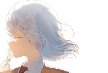 1boy brown_cardigan cardigan closed_eyes dress_shirt fleabane flower highres kissing_flower male_focus necktie portrait profile saihate_eki shirt simple_background solo tatsunami_shion white_background white_flower zimu_(xhs_42919373813)