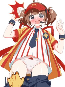 1girl 1other ^^^ ahoge assisted_exposure back_bow badge black_eyes blue_necktie blue_shorts blush bow bow_panties brown_hair button_badge clothes_pull commentary cowboy_shot crotch_seam dress_shirt employee_uniform fast_food_uniform hair_tie hat headset highres imadake_dabuchi_tabemi looking_at_viewer mcdonald's motion_blur necktie open_mouth panties pantsing pov pulling_another's_clothes red_hat sexual_harassment shirt short_hair short_sleeves shorts shorts_pull simple_background smile standing striped_clothes striped_shirt tasuki tie_clip twintails underwear vertical-striped_clothes vertical-striped_shirt visor_cap white_background white_panties white_shirt wing_collar yellow_happi yokoshima_akunusu