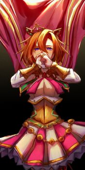 Rule 34 | 1girl, absurdres, animal ears, breasts, brooch, cape, commentary request, corset, crown, ear piercing, fingerless gloves, gloves, gold corset, hair between eyes, highres, horse ears, horse girl, horse tail, interlocked fingers, jewelry, long sleeves, looking at viewer, mini crown, multiple rings, neckerchief, orange hair, orange tail, own hands clasped, own hands together, piercing, pink cape, pink crown, pink neckerchief, pink skirt, purple eyes, ring, shirt, short hair, single fingerless glove, skirt, solo, t.m. opera o (o sole suo!) (umamusume), t.m. opera o (umamusume), tadano (user cjgh7223), tail, two-tone skirt, umamusume, white gloves, white shirt, yellow corset