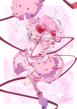 Rule 34 | 2girls, amulet heart, armlet, bare shoulders, border, chibi, circle skirt, commentary request, eyelashes, frilled skirt, frills, full body, hair ornament, hand on own hip, hat, heart, heart hair ornament, high side ponytail, highres, hinamori amu, holding, holding pom poms, humpty lock (shugo chara!), jewelry, kneehighs, knees, leg warmers, light blush, lock necklace, long hair, magical girl, midriff, miniskirt, multiple girls, navel, neck ribbon, one eye closed, open mouth, outline, outside border, pink background, pink eyes, pink hair, pink hat, pink leg warmers, pink shirt, pink skirt, pink theme, pom pom (cheerleading), pom poms, ran (shugo chara!), red ribbon, red shirt, red socks, ribbon, see-through clothes, see-through headwear, serizawa serizane, shirt, shoes, shugo chara!, sideways hat, skirt, sleeveless, sleeveless shirt, smile, sneakers, socks, sparkle, visor cap, white border, white outline, white shoes, yellow eyes