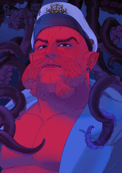 1boy antennae bara colored_skin commission dark ear_piercing facial_hair frown goatee large_pectorals long_mustache looking_up male_focus mature_male monster_boy muscular muscular_male mustache octopus_boy original paexie pectoral_cleavage pectorals piercing pilot pointy_ears portrait red_skin solo thick_eyebrows tsurime