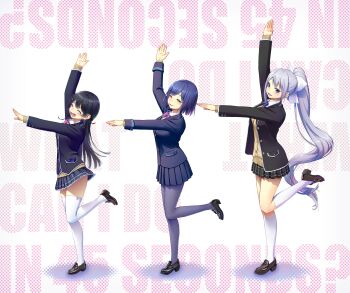 3girls :d ^_^ arm_up black_hair blue_hair blush bow bowtie breasts brown_eyes closed_eyes hair_ornament hairclip highres higuchi_kaede higuchi_kaede_(1st_costume) jacket kath kneehighs leg_up loafers long_hair long_sleeves looking_at_viewer mole mole_under_eye multiple_girls nijisanji open_mouth outstretched_arm pantyhose plaid_clothes plaid_skirt pleated_skirt ponytail purple_eyes purple_legwear school_uniform shizuka_rin shizuka_rin_(1st_costume) shoes short_hair simple_background skirt sleeves_past_wrists smile socks standing standing_on_one_leg thighhighs tsukino_mito tsukino_mito_(1st_costume) very_long_hair virtual_youtuber white_legwear