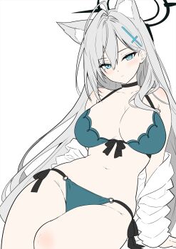 1girl absurdres alternate_costume animal_ear_fluff animal_ears arm_support bikini black_halo blue_archive blue_eyes breasts cleavage collarbone cross_hair_ornament dot_nose expressionless extra_ears front-tie_bikini_top front-tie_top green_bikini grey_hair hair_between_eyes hair_ornament halo halterneck highres large_breasts light_blush long_hair looking_at_viewer mismatched_pupils navel o-ring_bikini_bottom off_shoulder open_clothes open_shirt shamu_(helix) shiroko_terror_(blue_archive) shirt side-tie_bikini_bottom simple_background sitting solo swimsuit thighs very_long_hair white_background white_shirt wolf_ears wolf_girl