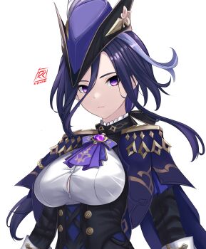 1girl absurdres artist_logo artist_name ascot black_corset blue_cape blue_hair blue_hat breasts button_gap cape clorinde_(genshin_impact) closed_mouth commentary corset earrings english_commentary epaulettes flower fold-over_gloves framed_breasts genshin_impact gloves hair_between_eyes hat hat_feather highres jewelry large_breasts logo long_hair long_hair_between_eyes purple_ascot purple_eyes purple_flower purple_pupils purple_rose rizcky_ryu rose shirt simple_background solo taut_clothes taut_shirt tricorne vision_(genshin_impact) white_background white_gloves