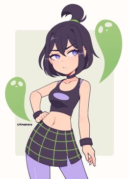 1girl absurdres black_hair black_sports_bra border commentary cremanata danny_phantom english_commentary green_background hand_on_own_hip highres medium_hair midriff navel pantyhose purple_eyes purple_pantyhose sam_manson skirt solo sports_bra white_border