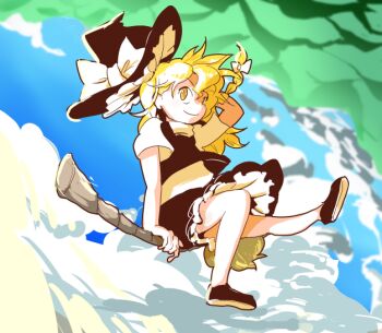 Rule 34 | 1girl, arm behind head, blonde hair, braid, broom, broom riding, cloud, commentary request, hat, kirisame marisa, light smile, mary janes, mountain, moyazou (kitaguni moyashi seizoujo), no socks, shoes, short sleeves, side braid, sky, touhou, undershirt, upside-down, wind, witch hat, yellow eyes