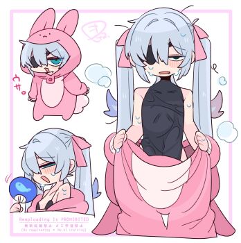 1boy animal_costume animal_hood bare_shoulders black_bra black_leotard blue_eyes blue_hair blush bow bra chibi clothes_grab colored_tips commentary cosplay covered_navel cowboy_shot crossdressing crossdressing_(mtf) double-parted_bangs exhausted eyepatch fang fanning_self flipped_hair from_side full_body hair_between_eyes hair_bow hair_intakes hand_fan hand_up highleg highleg_leotard highres holding holding_fan hood hood_up jitome kigurumi leotard long_hair loose_hair_strand male_focus mascot_costume multicolored_hair multiple_views narrowed_eyes no_nose one_eye_covered op_na_yarou open_mouth original partially_undressed pink_bow portrait quad_tails rabbit_costume raised_inner_eyebrows red_hair rigel_(op_na_yarou) sidelocks simple_background sleeveless steaming_body straight_hair sweat translated trap underwear v-shaped_eyebrows very_long_hair very_sweaty watermark wet wet_clothes white_background white_hair