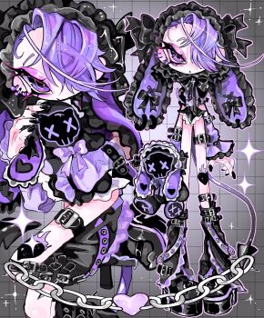 1girl amatou_akuma arm_tattoo asymmetrical_sleeves belt black_belt black_bow black_frills black_nails black_shoes bonnet boots bow chain collar cross demon_tail detached_sleeves doll ear_piercing earrings eyelashes eyepatch eyeshadow female_focus fingernails flame_tattoo flaming_hearts frilled_leg_warmers frilled_leotard frilled_sleeves frills full_body garter_straps goth_fashion gothic_lolita gradient_tail grey_background grid_background hair_bow hair_over_one_eye hairband heart heart_print heart_tattoo highres hood hood_up jewelry knees_up leg_warmers leotard lolita_fashion lolita_hairband long_sleeves looking_at_viewer makeup multiple_views nail_polish one_eye_covered original piercing platform_shoes pointy_tail purple_earrings purple_eyes purple_frills purple_hair purple_straps purple_tail purple_theme purple_trim ribbon shoes short_hair simple_background skirt skull sleeves_past_wrists solo sparkle standing stuffed_animal stuffed_rabbit stuffed_toy tail tattoo thigh_strap tiles wide_sleeves zoom_layer