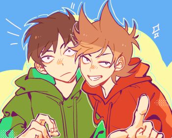 Rule 34 | 2boys, 2ju0, animification, antenna hair, art relay, artist collaboration, brown hair, chinese commentary, commentary request, drawstring, edd (eddsworld), eddsworld, flipped hair, green hoodie, grin, hair behind ear, hair ears, highres, hood, hood down, hoodie, kiyoshi st, kuangzihaixing, long sleeves, looking at viewer, male focus, multiple boys, outline, pointing, pointing at viewer, red hoodie, short hair, smile, sparkle, tord (eddsworld), upper body, white outline, xic94