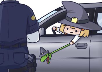 1girl 1other absurdres ass belt black_eyes black_hat blonde_hair blue_shirt car chibi closed_mouth commentary from_behind grabber_tool gun handgun hashtag-only_commentary hat highres holding hololive hololive_english holster holstered motor_vehicle open_mouth phdpigeon police police_uniform sharp_teeth shirt short_sleeves simple_background smile smol_ame solid_circle_eyes solo_focus teeth thigh_holster traffic_stop virtual_youtuber watson_amelia weapon white_background witch_hat