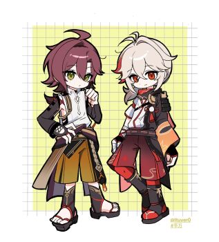 2boys ahoge aiguillette antenna_hair armor artist_name bandaged_arm bandaged_hand bandages black_choker black_gloves black_haori black_sandals black_scarf border bracelet brown_shorts choker closed_mouth clothes_around_waist clothing_cutout commentary_request crossed_bangs fingerless_gloves genshin_impact gloves green_eyes grid_background hair_between_eyes hair_intakes hand_on_own_hip hand_up haori highres japanese_armor japanese_clothes jewelry kaedehara_kazuha kimono korean_commentary kote kurokote leaf_print long_hair long_sleeves looking_at_viewer low_ponytail male_focus maple_leaf_print mole mole_under_each_eye mole_under_eye multicolored_hair multiple_boys multiple_moles obi open_clothes outside_border pom_pom_(clothes) ponytail red_eyes red_hair red_scarf red_shorts sandals sash scarf shikanoin_heizou shirt short_sleeves shorts shoulder_armor side_cutout sideless_outfit single_sode sleeveless sleeveless_shirt smile sode streaked_hair tassel ttuyer0 twitter_username white_border white_hair white_kimono white_shirt wide_sleeves yellow_background