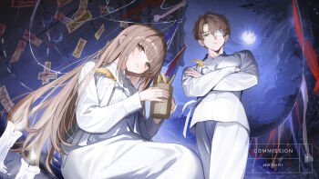 1boy 1girl brown_eyes brown_hair character_request cloud commentary commission crossed_arms dress eyepatch full_moon green_eyes gwechul hair_between_eyes haruri highres holding japanese_clothes kimono long_hair long_sleeves looking_at_viewer medical_eyepatch moon night night_sky ofuda pants parted_lips sitting sky smile standing very_long_hair white_dress white_kimono white_pants