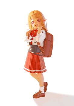 1girl absurdres ascot backpack bag black_corset blonde_hair brown_shoes character_request corset cropped_jacket full_body hands_up highres jacket long_sleeves loose_socks lucy_greyrat medium_hair mushoku_tensei open_mouth parted_bangs pleated_skirt pointy_ears ranoa_magic_academy_school_uniform red_ascot red_eyes red_skirt school_uniform shoes simple_background skirt smile socks solo tinivast walking white_background white_jacket white_socks