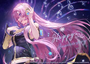 1girl ;d absurdres arm_tattoo black_shirt blue_nails breasts chinese_commentary commentary_request company_name copyright_notice dated detached_sleeves fingernails guest_art hair_between_eyes happy_anniversary heart highres kako_(pixiv77158173) large_breasts long_hair megurine_luka musical_note nail_polish navel number_tattoo official_art one_eye_closed open_mouth pink_hair project_sekai purple_eyes second-party_source shirt single_detached_sleeve smile solo star_(symbol) tattoo very_long_hair vocaloid watermark web_address yellow_sleeves