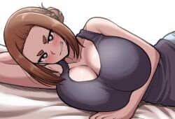 Rule 34 | 1girl, bed sheet, black tank top, blush, breasts, brown hair, cleavage, collarbone, grin, hair bun, huge breasts, kaii to otome to kamigakushi, kiteman442, looking at viewer, lying, mole, mole under eye, ogawa sumireko, on side, simple background, sleeveless, smile, solo, tank top, thick eyebrows, upper body, white background