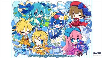 Rule 34 | 2boys, 4girls, :d, ;), ^ ^, absurdres, ahoge, aqua eyes, aqua hair, artist name, blonde hair, blue bow, blue eyes, blue flower, blue pants, blue shoes, boots, bow, box, brown boots, brown eyes, brown hair, chibi, chibi only, closed eyes, commentary request, company name, copyright notice, dress, flower, gift, gift box, green dress, hair between eyes, hair bow, hatsune miku, heart, highres, kagamine len, kagamine rin, kaito (vocaloid), logo, long hair, megurine luka, meiko (vocaloid), multiple boys, multiple girls, no pupils, official art, one eye closed, open mouth, orange pants, pants, pantyhose, pink dress, pink hair, pink pantyhose, plaid clothes, plaid dress, plaid pants, purple flower, red dress, second-party source, shirt, shoes, smile, twintails, very long hair, vocaloid, watermark, web address, white flower, white shirt, white wrist cuffs, wrist cuffs, yellow dress, yellow flower, yellow pantyhose, yoshiki
