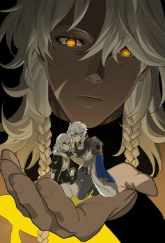 Rule 34 | 1girl, 2boys, absurdres, antenna hair, arm up, armor, black background, black skirt, blue eyes, braid, close-up, closed mouth, coat, couple, curly hair, dark-skinned male, dark skin, expressionless, full body, glowing, glowing eyes, grey hair, grey pants, hair between eyes, head tilt, hetero, highres, holding, holding mini person, honkai: star rail, honkai (series), kneeling, korean commentary, leaning on person, leaning to the side, long hair, looking at viewer, looking down, mini person, multiple boys, nanook (honkai: star rail), open clothes, open coat, orange eyes, pants, phainon (honkai: star rail), scar, sellcountrymong, shade, shoulder armor, side braids, skirt, sleeves rolled up, stelle (honkai: star rail), sweatdrop, symbol-shaped pupils, trailblazer (honkai: star rail), upper body, wavy hair