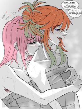 2girls bath bathing bite_mark blush breasts couple covering_privates gradient_hair green_hair highres hololive hololive_english jasper_xandros large_breasts long_hair mori_calliope multicolored_hair multiple_girls naked_towel nude_cover open_mouth orange_hair pink_hair purple_eyes same-sex_bathing shared_bathing smile steam takanashi_kiara towel virtual_youtuber wet wet_towel yuri